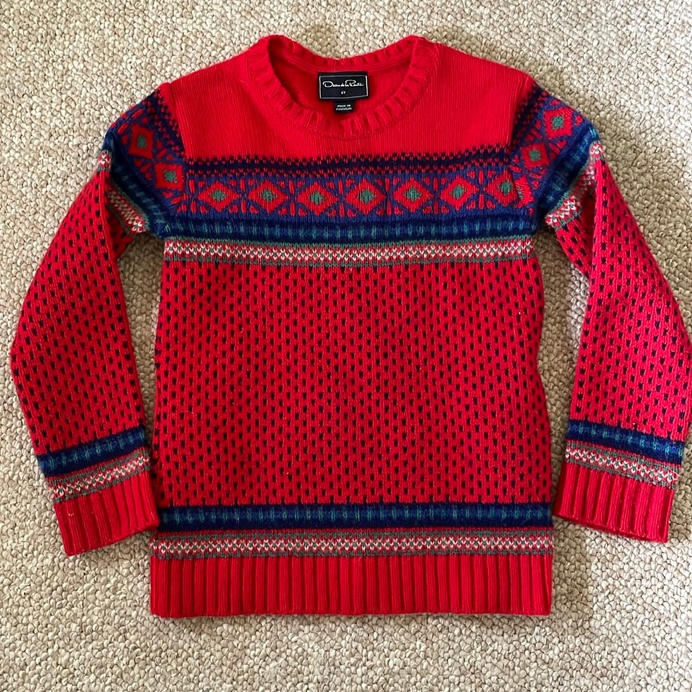 Oscar de la Renta Boy's Red Blue Wool Knitter Christmas Sweater Pullover size 6